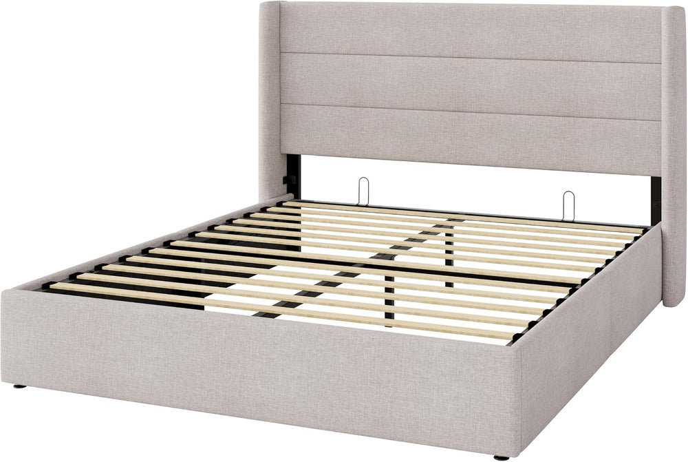 Allewie Queen Size Lift Up Hydraulic Storage Bed Frame Light Beige