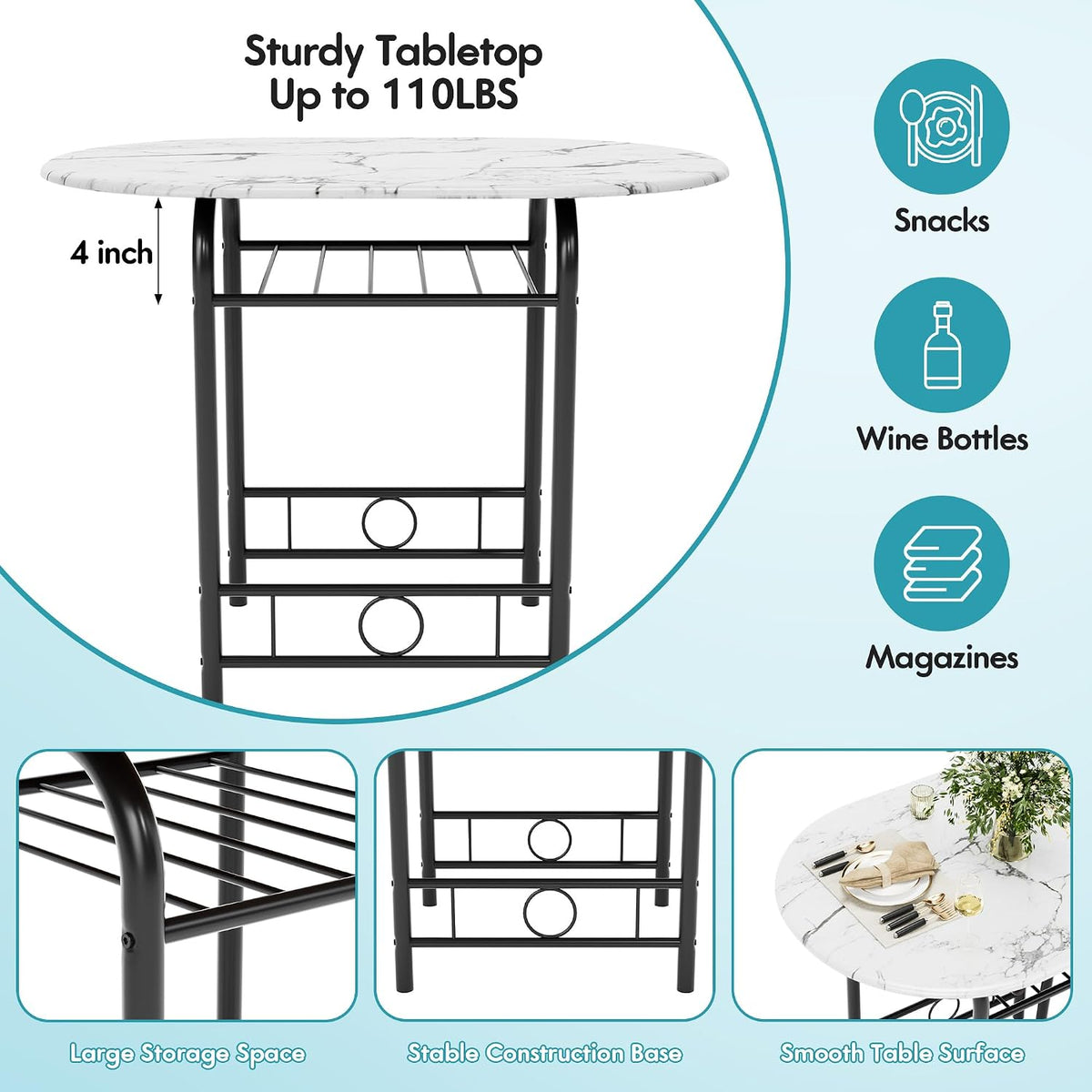 Flamaker Dining Table for 2, 3 Piece Round Table & Chair Set, White & Black | Small Kitchen Table for Breakfast Nook, Wood Grain Tabletop and Built-in Storage Rack, Space Saving for Kitchen, Dining Room