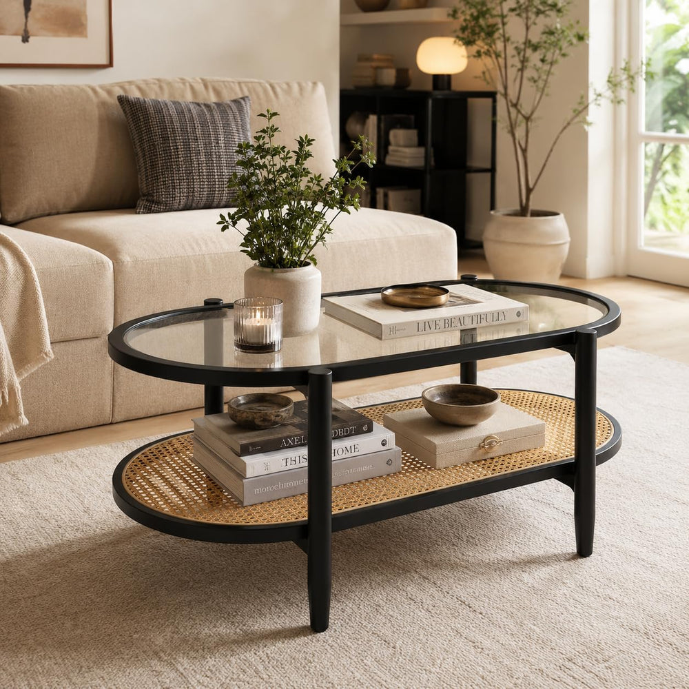 NAFORT Rattan Coffee Table, 2-Tier Oval Modern Center Table with Tempered Gla...