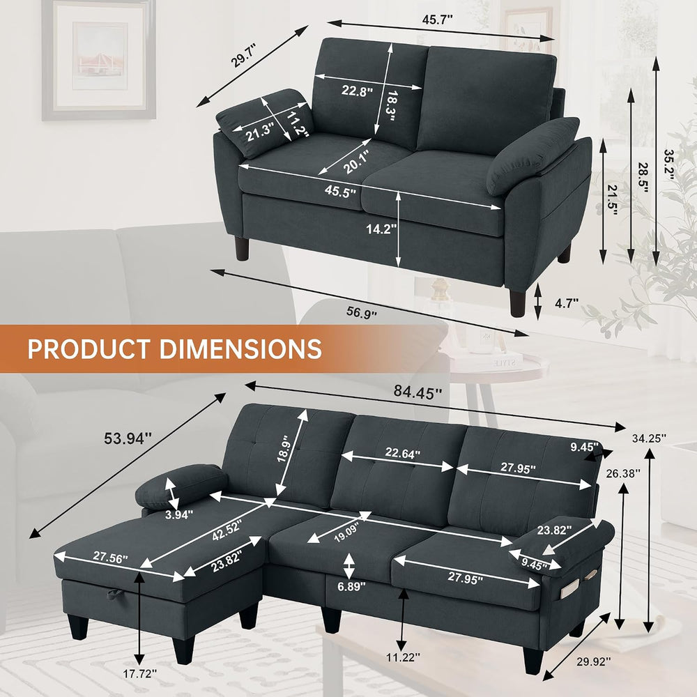 3 Piece Convertible Sectional Sofa Set, Modern Corduroy Small Couch with Mova...