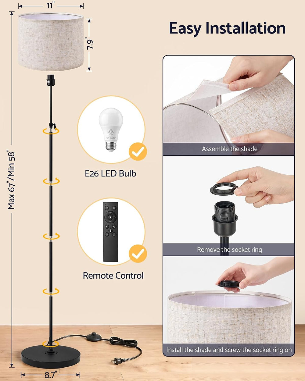Adjustable Height Floor Lamp for Living Room with 9W LED Bulb & Remote, ETL