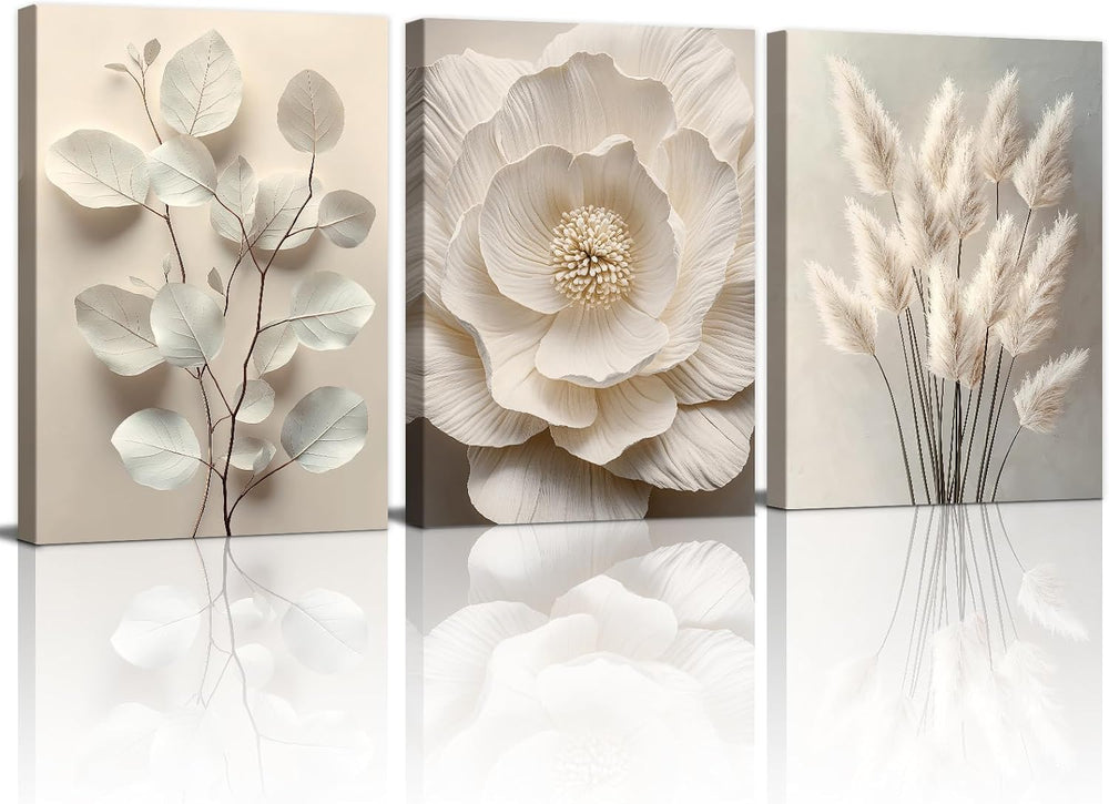 WENGTIAO 3Pcs Beige Floral Botanical Frame Canvas Wall Art 12"x16"x3