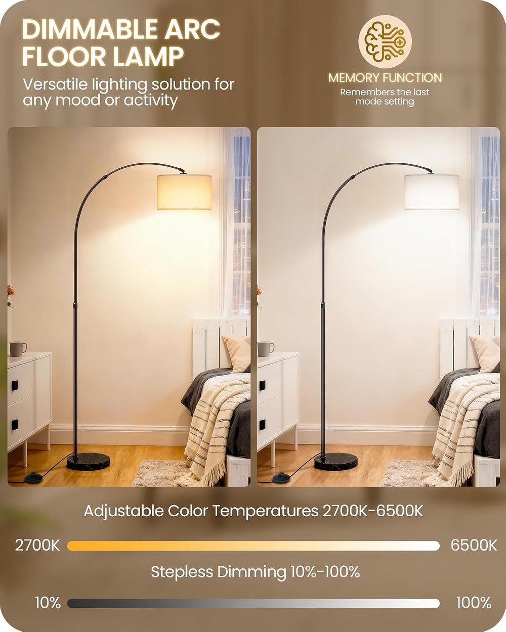 75" Dimmable Arc Lamp with Marble Base, Adjustable Height,White Linen Shade