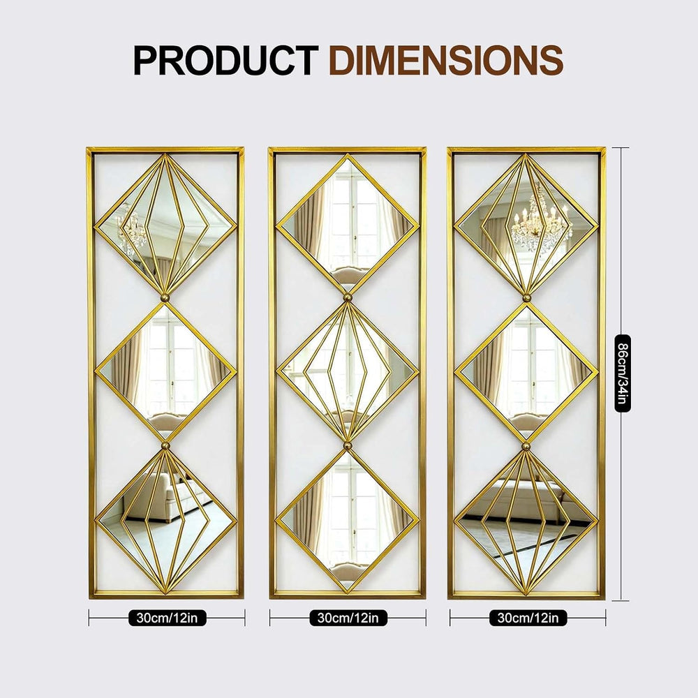 Set of 3 Gold Wall Mirrors, Large Geometric Decorative Mirrors with Metal Fra...