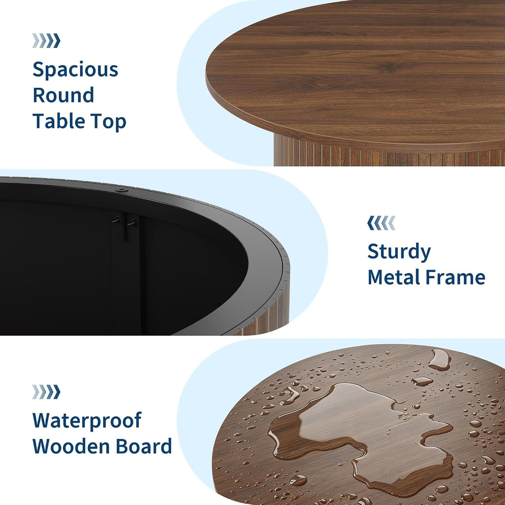 Garvee 31.5" Round Coffee Table, Small Coffee Table with Fluted, Walnut