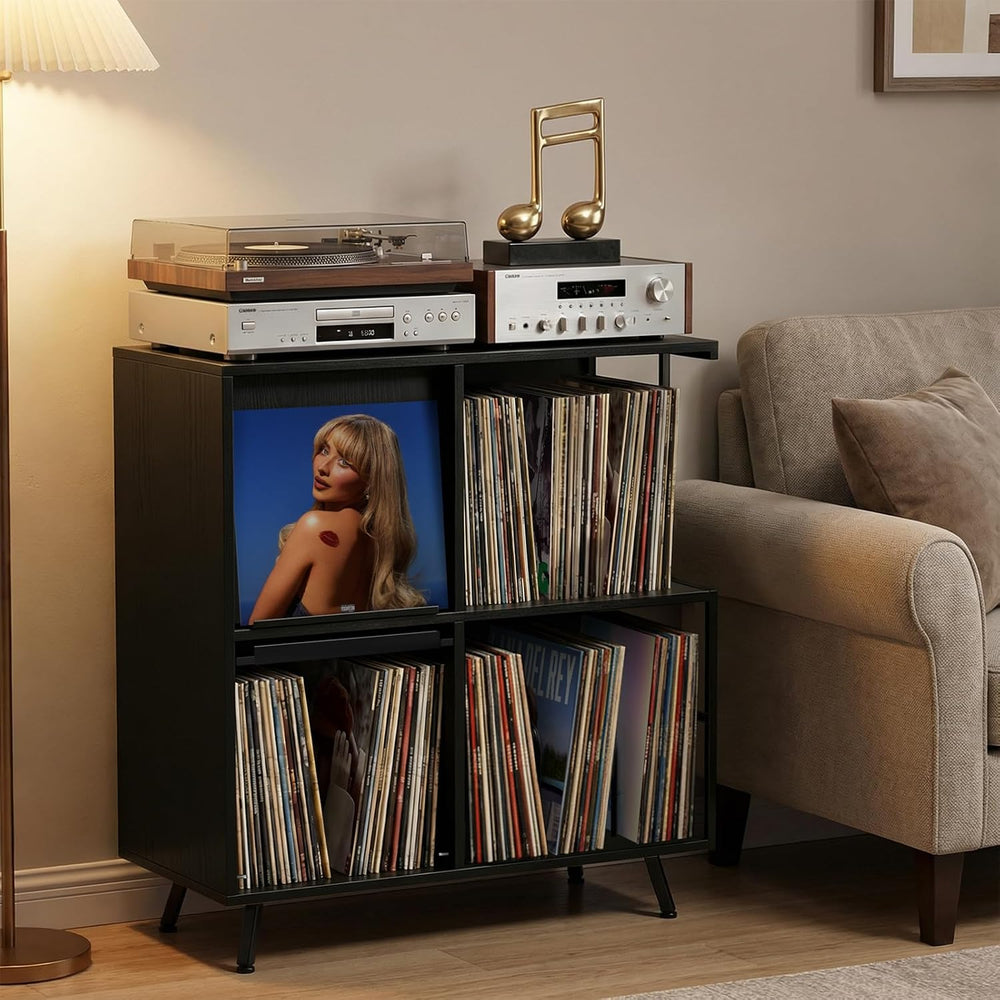Faesun 3 Tier Record Player Stand with Flip-Down Record Shelf, Black