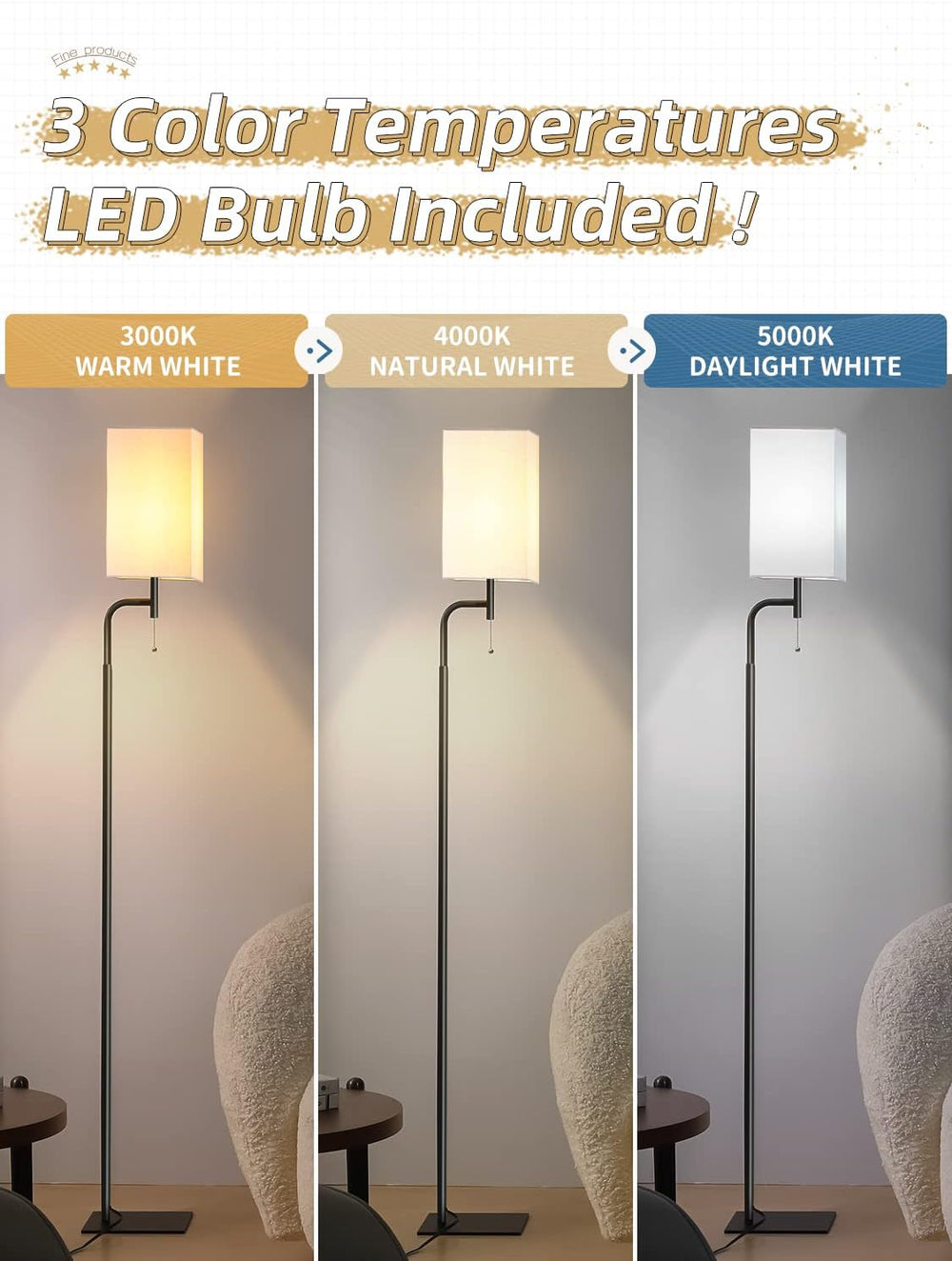 Modern Floor Lamp for Living Room, Linen Shade with Slim Base Design