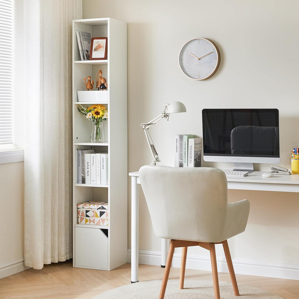 IBUYKE 6 Tier Narrow Bookcase with Doors,Display Bookshelf,White WBC001W