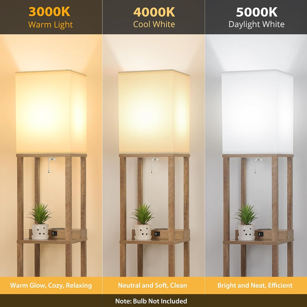 Mlambert Shelf Floor Lamp with Wireless Charger, USB, Type C, AC Port, Wood