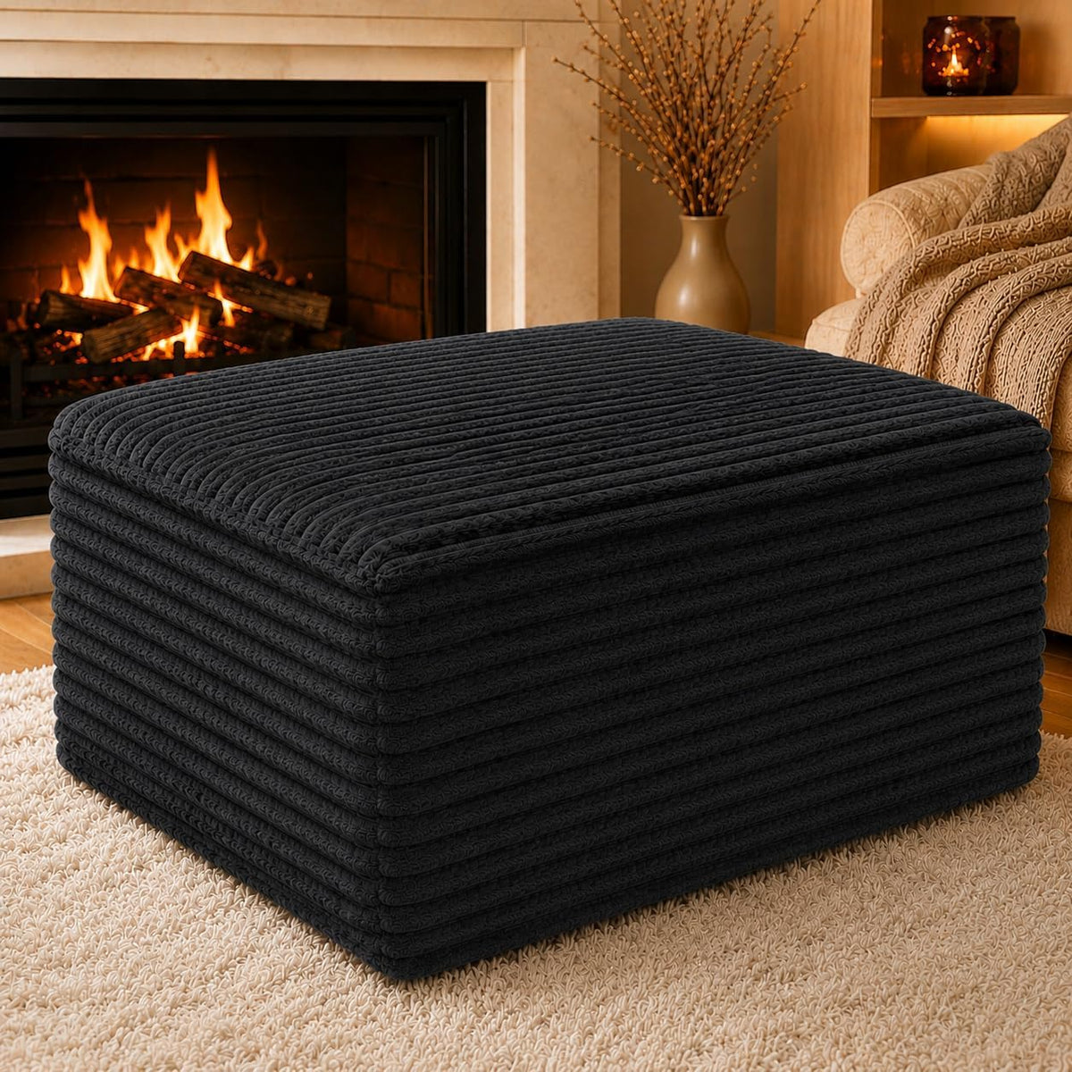 25.6" Corduroy Ottoman Foot Rest,Plush Memory Foam Couch Ottomans, Floor Compressed Sofa in a Box for Living Room No Assembly Require,Black