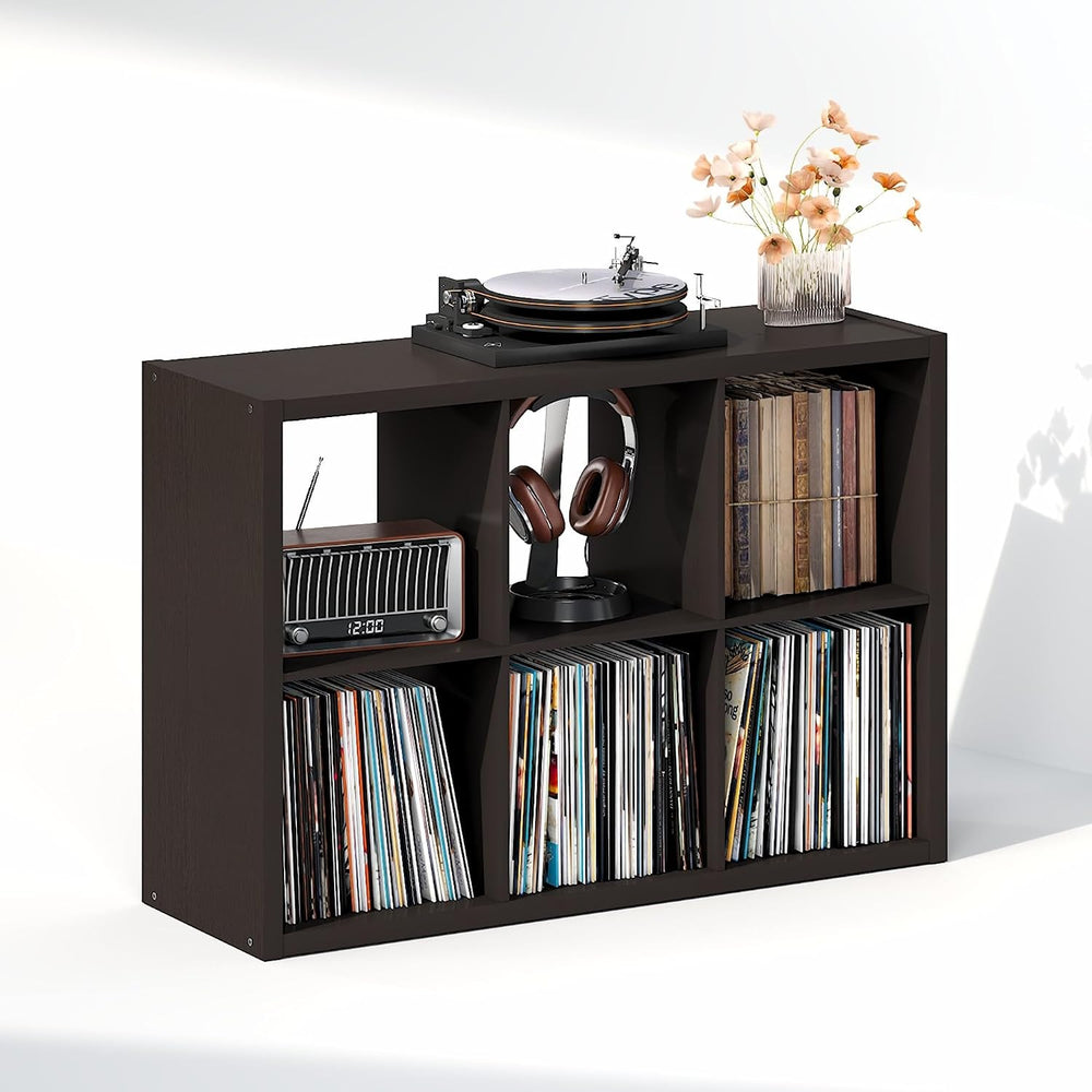 Furinno Cubicle 6-Cube Record Player Stand, Vinyl Record Storage, Black Oak