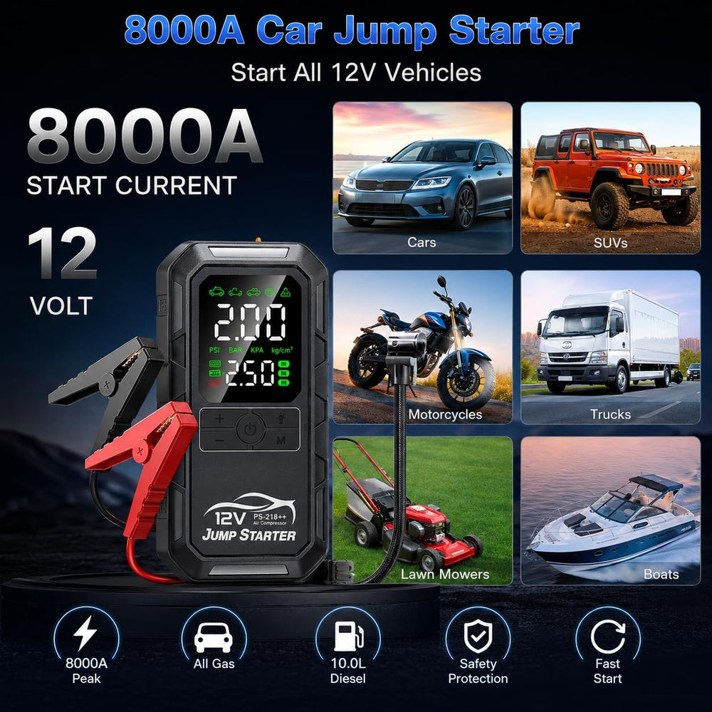 10-in-1 Car Battery Jump Starter with Air Compressor 8000A 160PSI Portable Ca...
