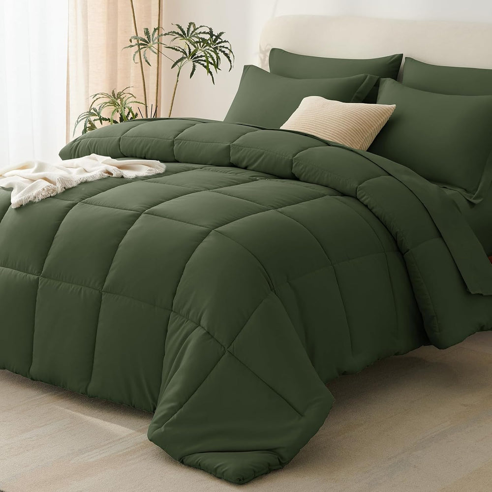 CozyLux King Size Comforter Set, 7-Piece Bed in a Bag, Olive Green