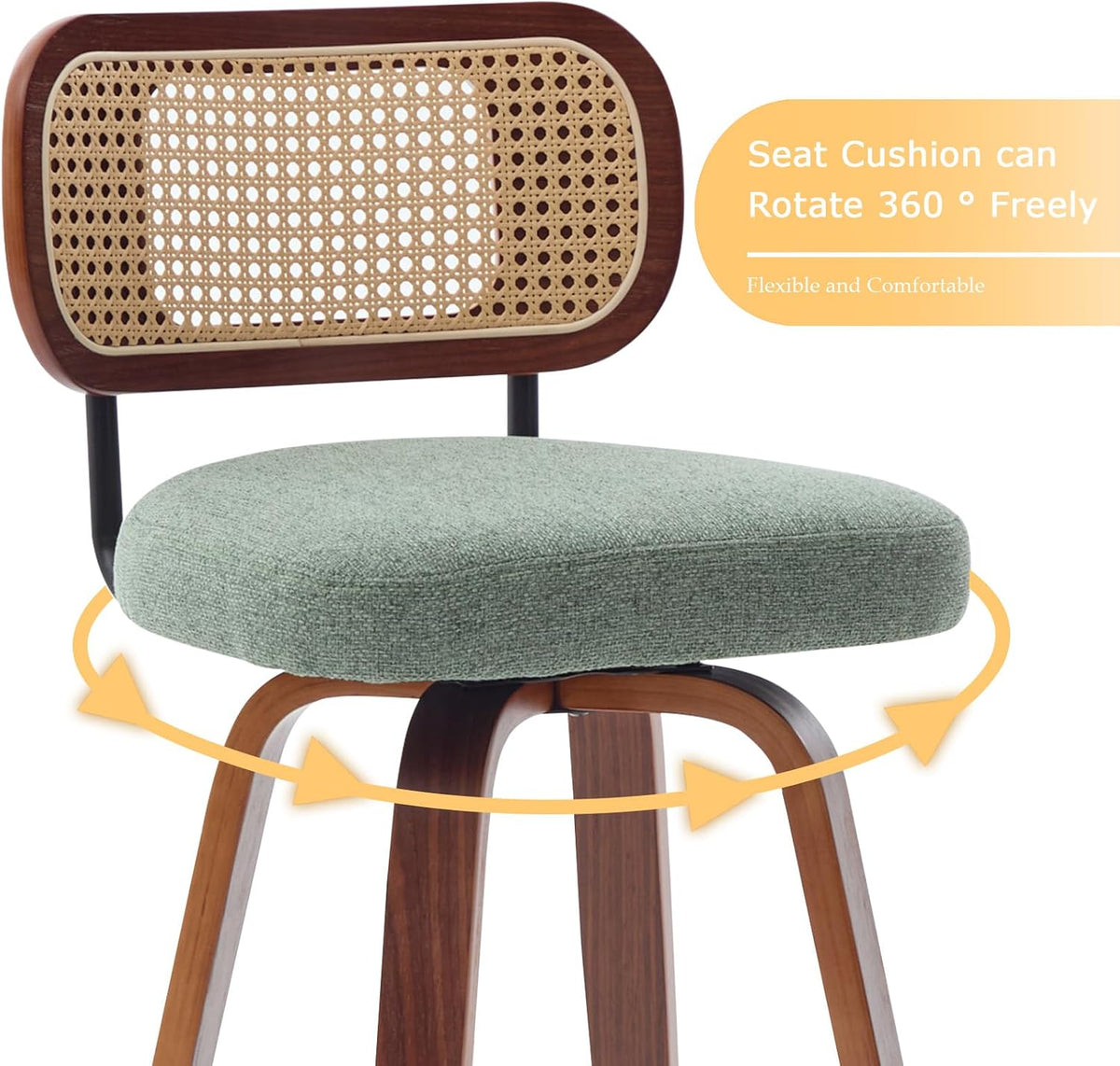 SoarFlash Modern Swivel Bar Stools Set of 3, 26" Counter Height Bar Stools with Walnut Wood Legs, Rattan-Back, PU Leather/Linen Seat, Metal Footrest for Kitchen Island