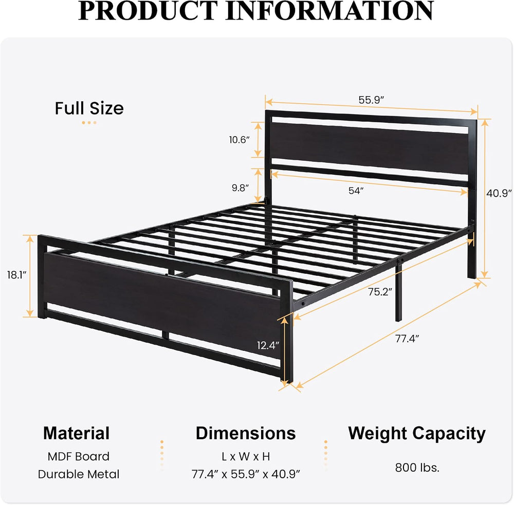SHA CERLIN Heavy Duty Full Size Bed Frame with Modern Headboard, Black