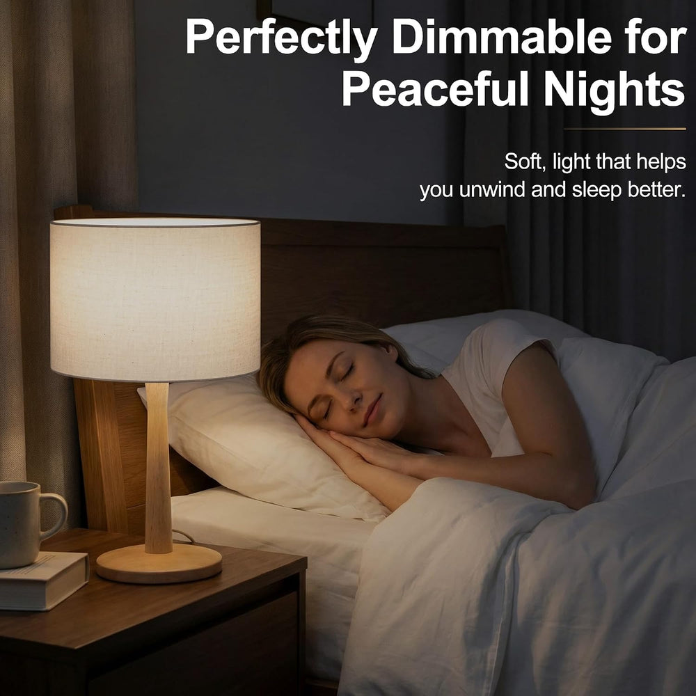 16.3” Natural Wood Table Lamp with Linen Drum Shade, E26 Base, Cream