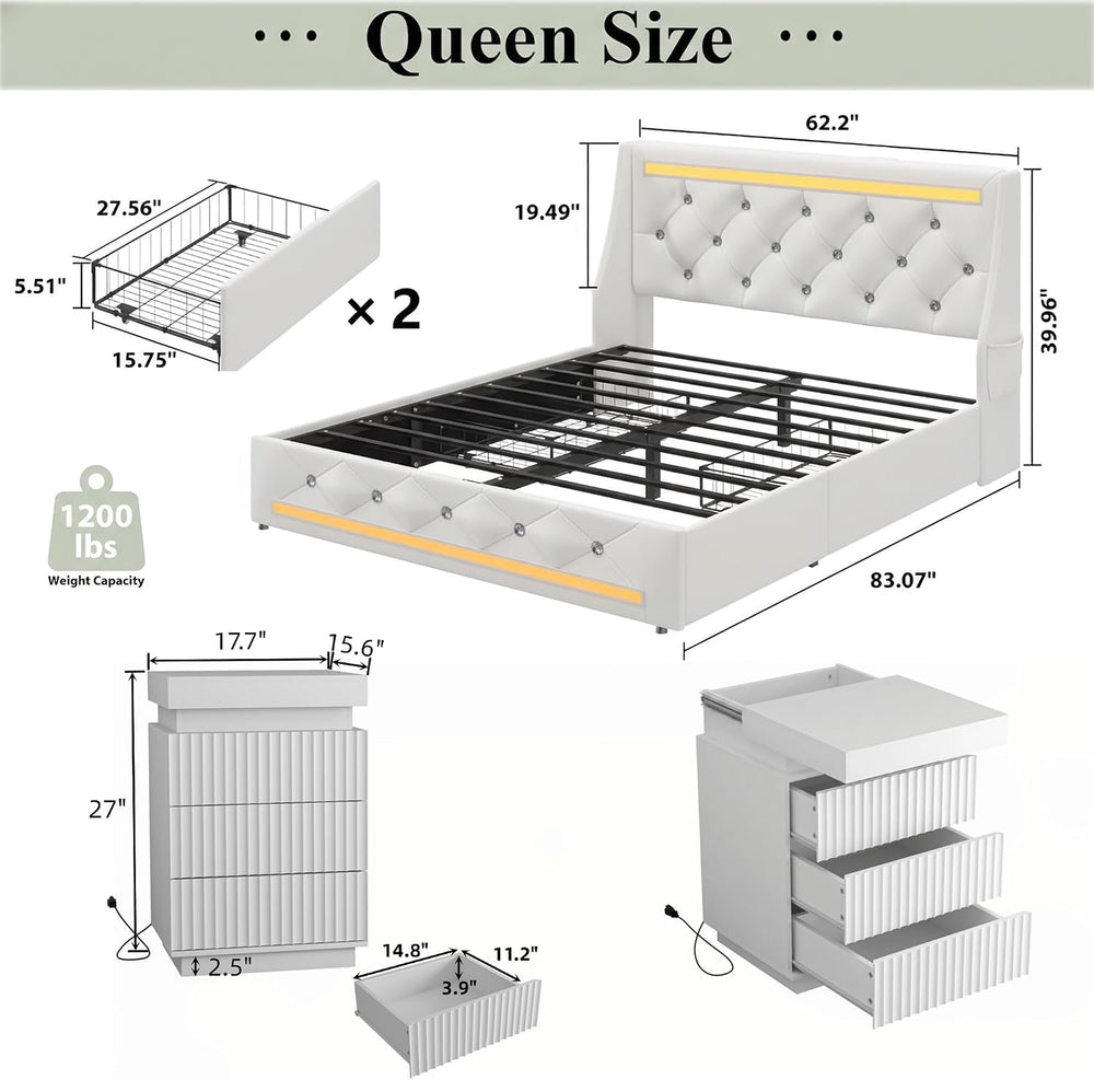 5pc Queen Bedroom Set, Bed Frame, Vanity, Bookshelf, 2 Nightstands
