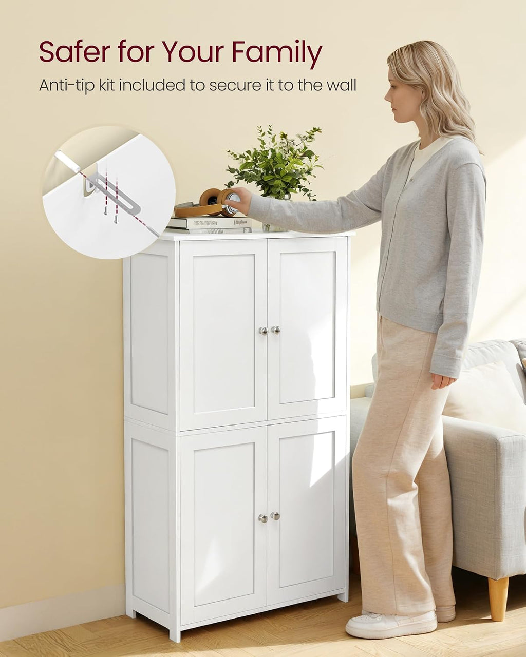 VASAGLE Floor Storage Cabinet, 2 Adjustable Shelves, 4 Doors,42.7" H