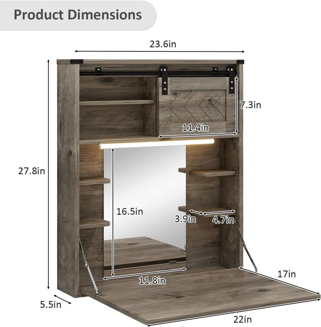 ARTETHYS Floating Vanity Desk with Mirror and Lights Small Wall Mounted Makeup Set with Storage Gray Farmhouse Dressing Table for Tiny Space