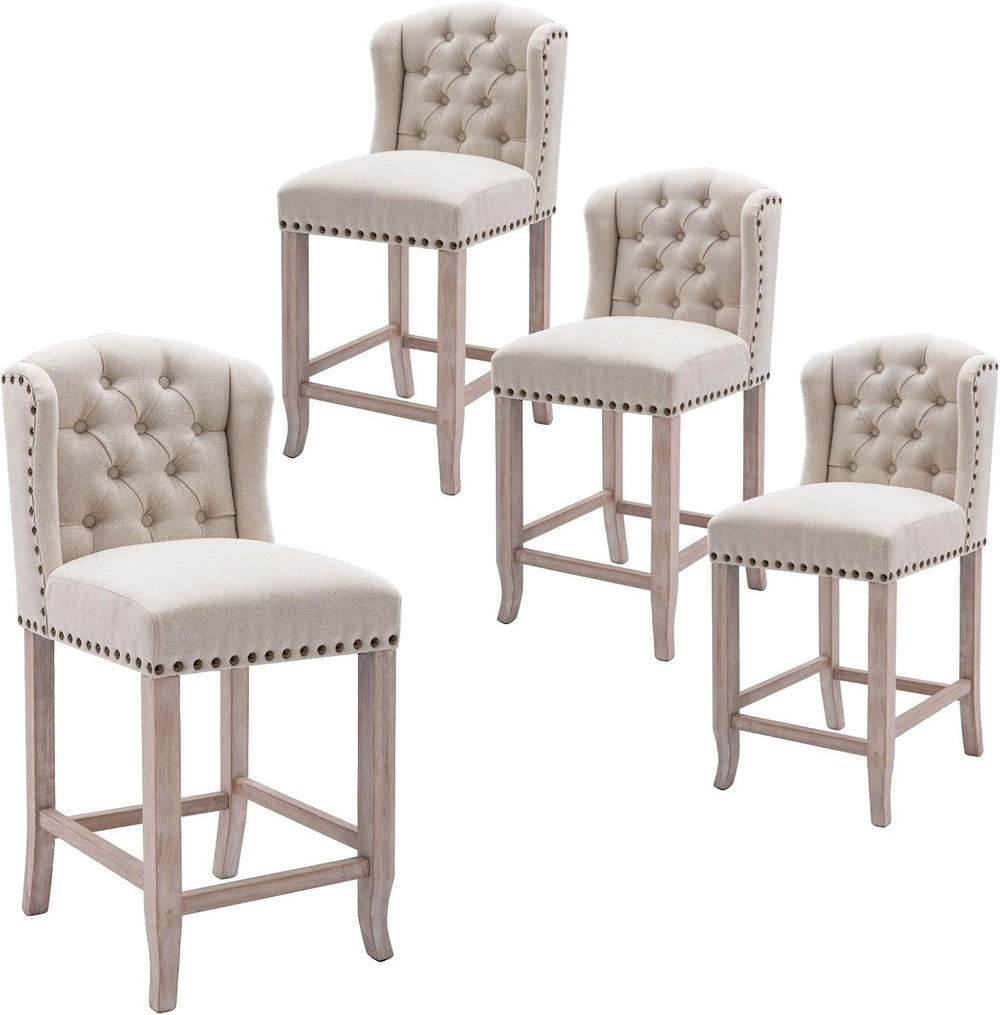 LukeAlon 26" Tufted Wingback Linen Counter Stools Set of 4, Beige