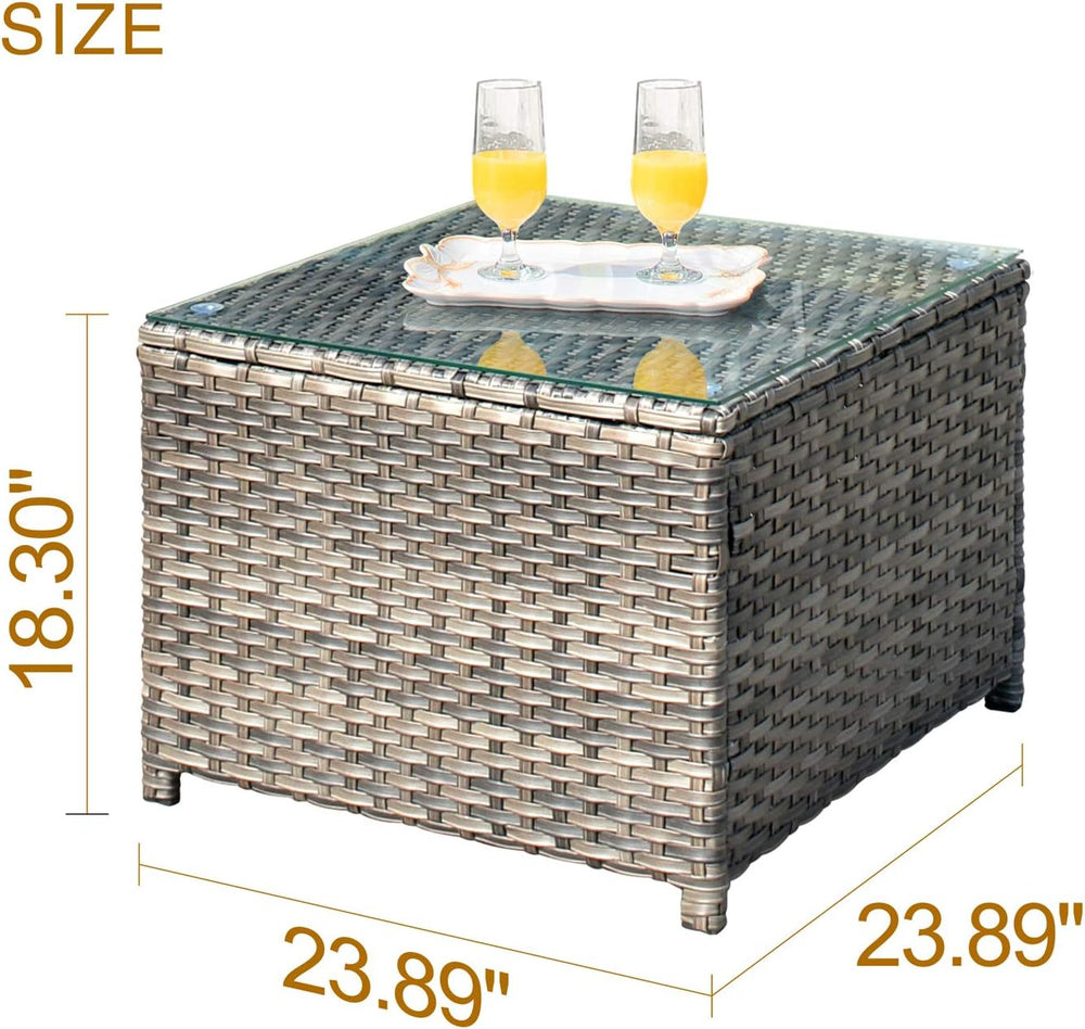 ovios Outdoor Side Table with Tempered Glass Top, Patio Wicker Coffee Table, ...