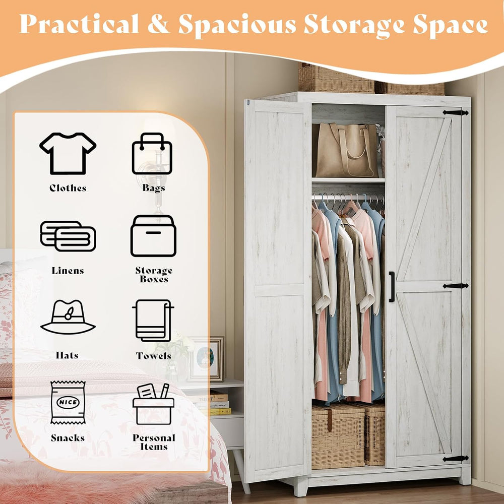 AMERLIFE 71" Farmhouse Wardrobe Closet with Hanging Rod & Barn Doors