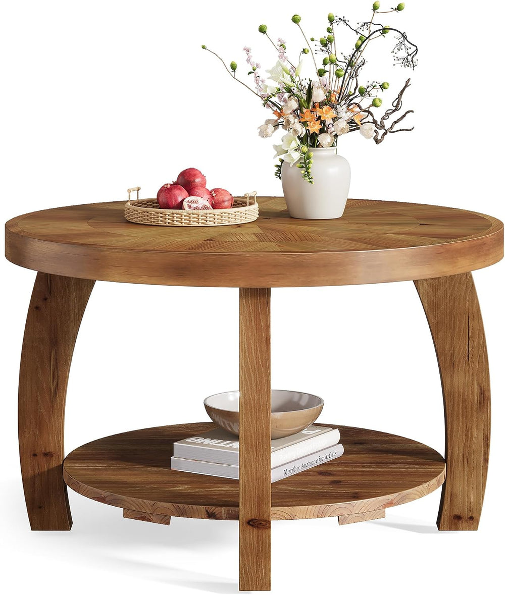 Solid Wood Round Coffee Table, 2-Tier Center Table with Storage