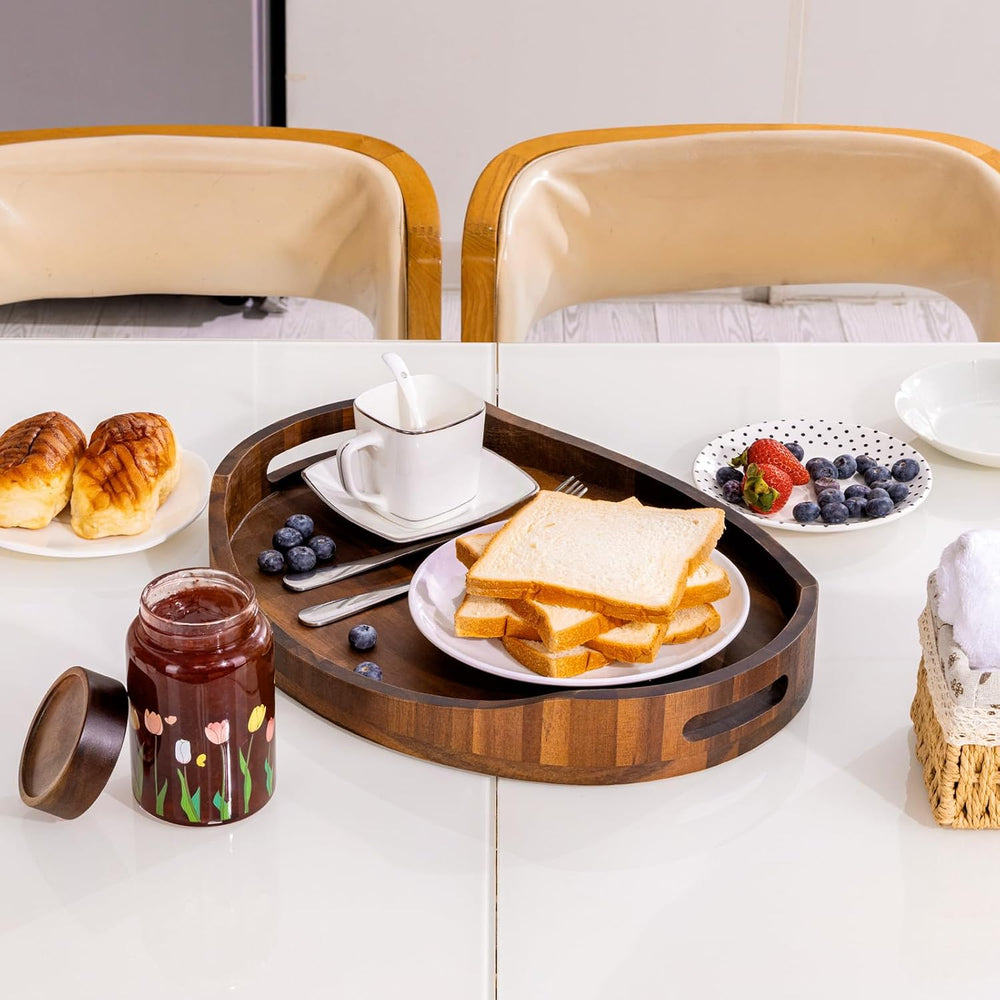 HouseJoy Wood Serving Tray with Handle,Ottoman Tray with High Edge
