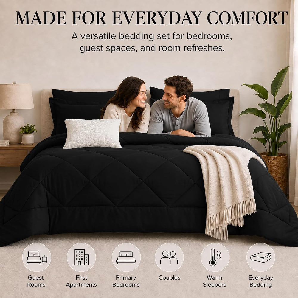 CozyLux Queen Comforter Set 88"x88" Black - 7 Piece Bed in a Bag
