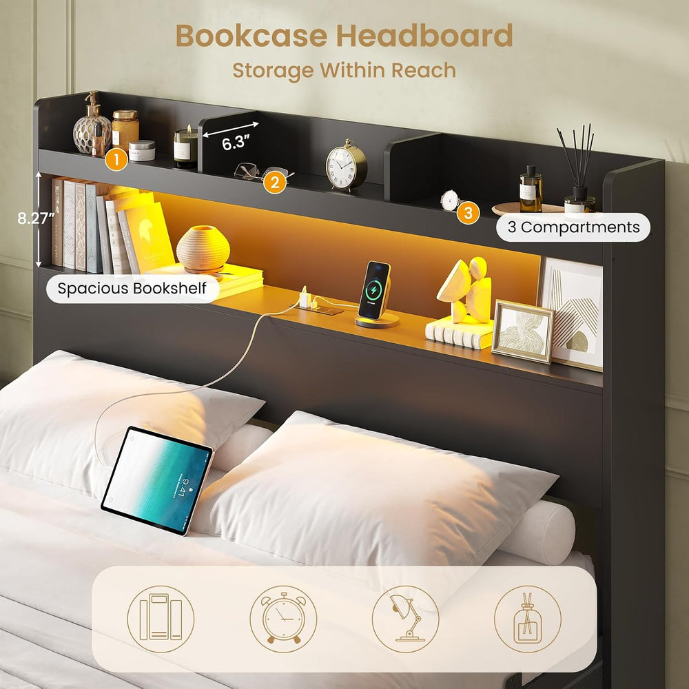 DICTAC Full Bed Frame with Storage Headboard & 5 Drawers, LED Bed Frame F...