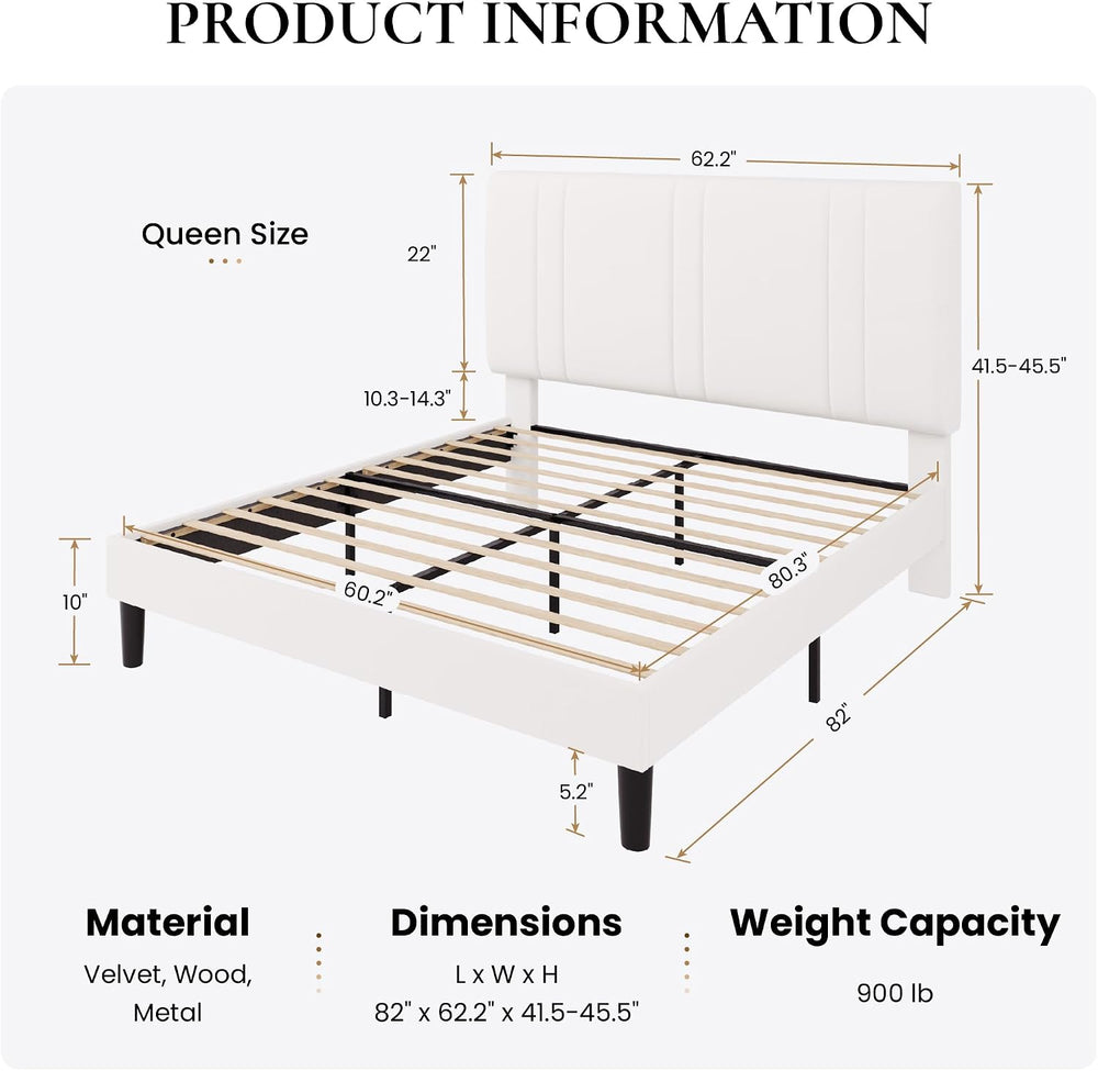 SHA CERLIN Queen Size Velvet Bed Frame with Adjustable Headboard, White