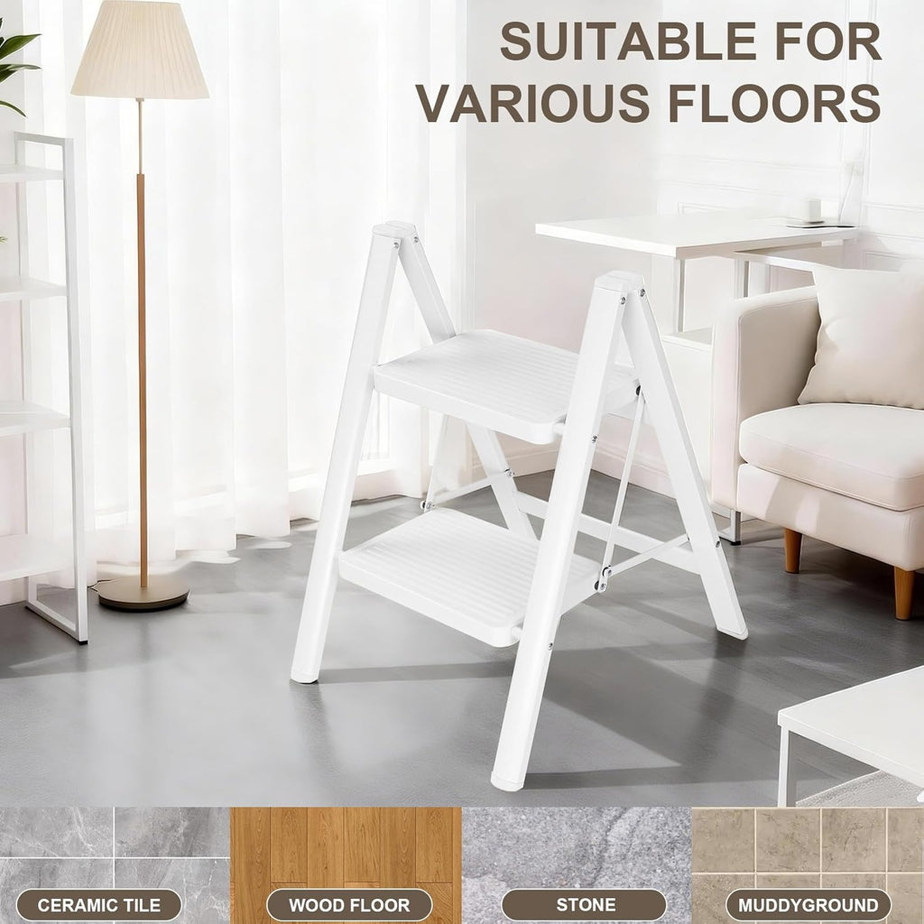 Valeo 2 Step Ladder,Lightweight Folding Step Stool with Wide Anti-Slip Pedal, 330LBS Capacity, Heavy Duty,Sturdy Iron Metal Step Stool for Home, Kitchen, Closet, Adults, White