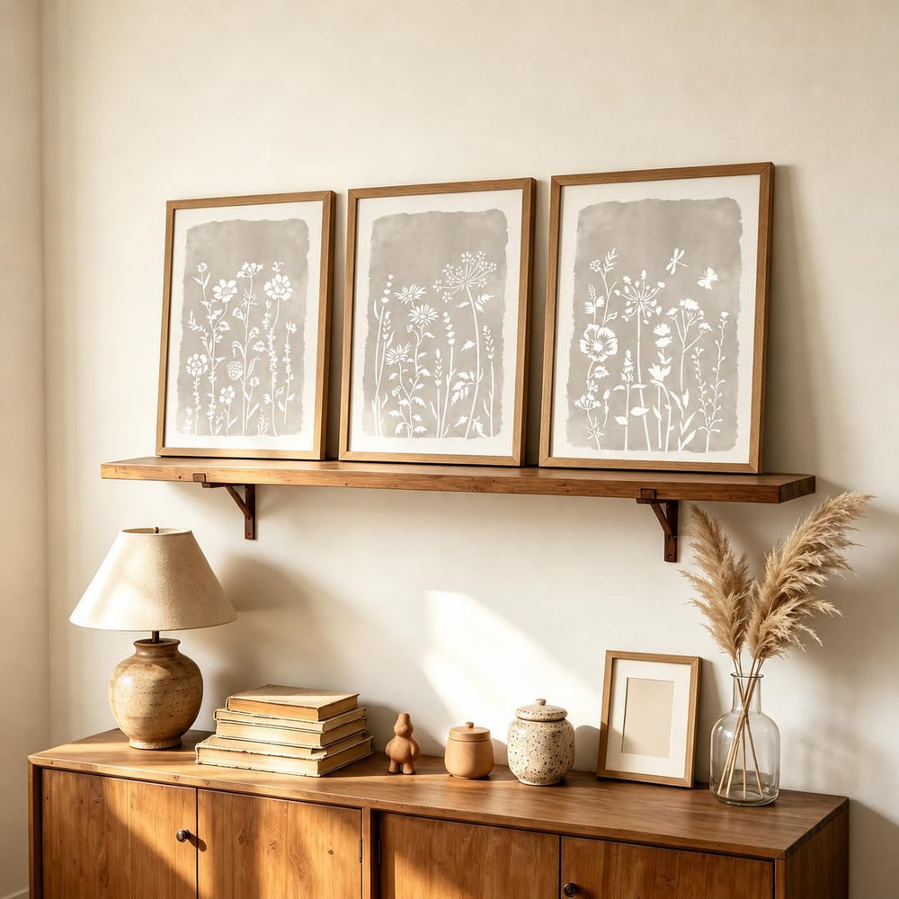 Neutral Floral Wall Art Set of 3, Brown Framed Botanical Canvas Prints