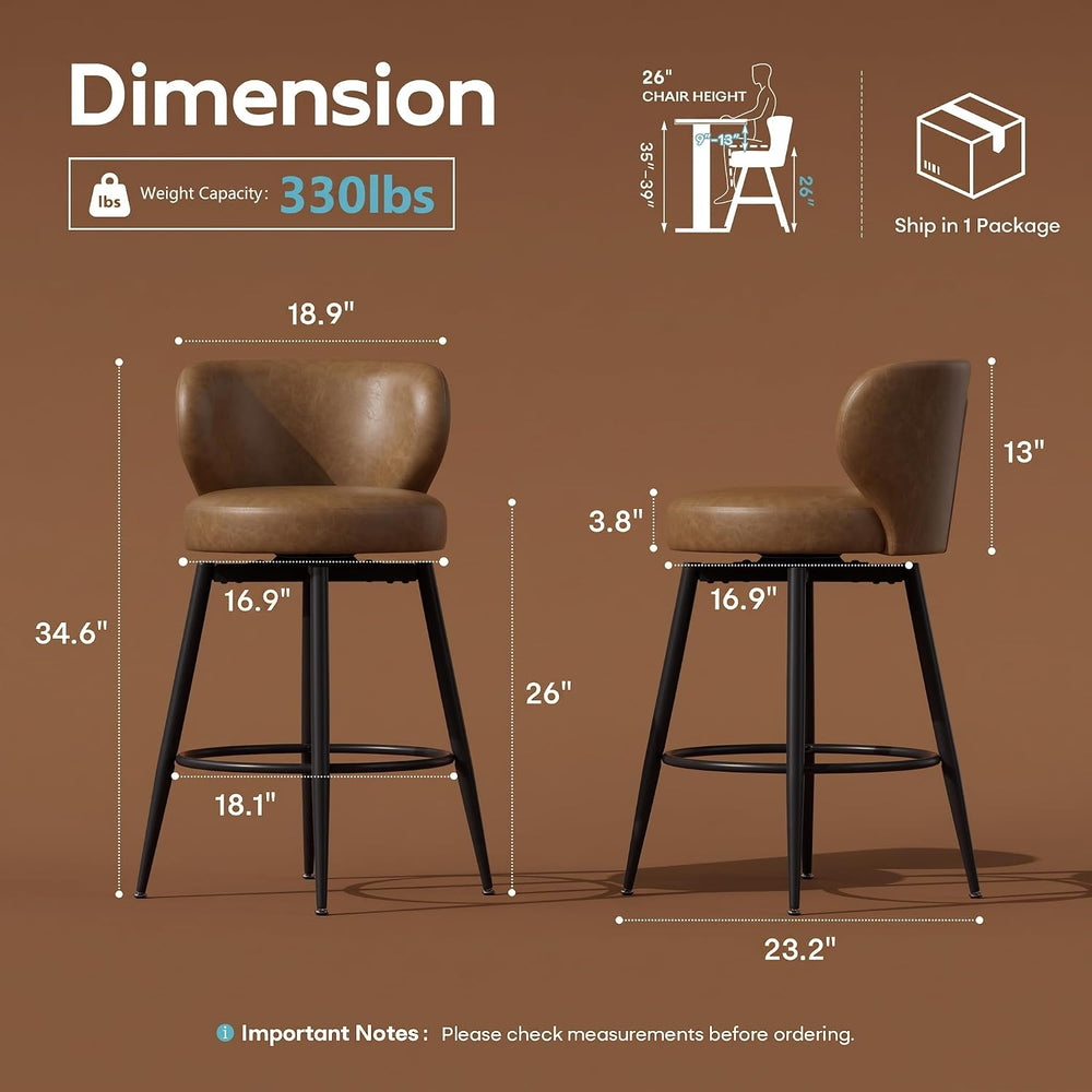 26" Brown Bar Stools Set of 2, Swivel Kitchen Island Chairs