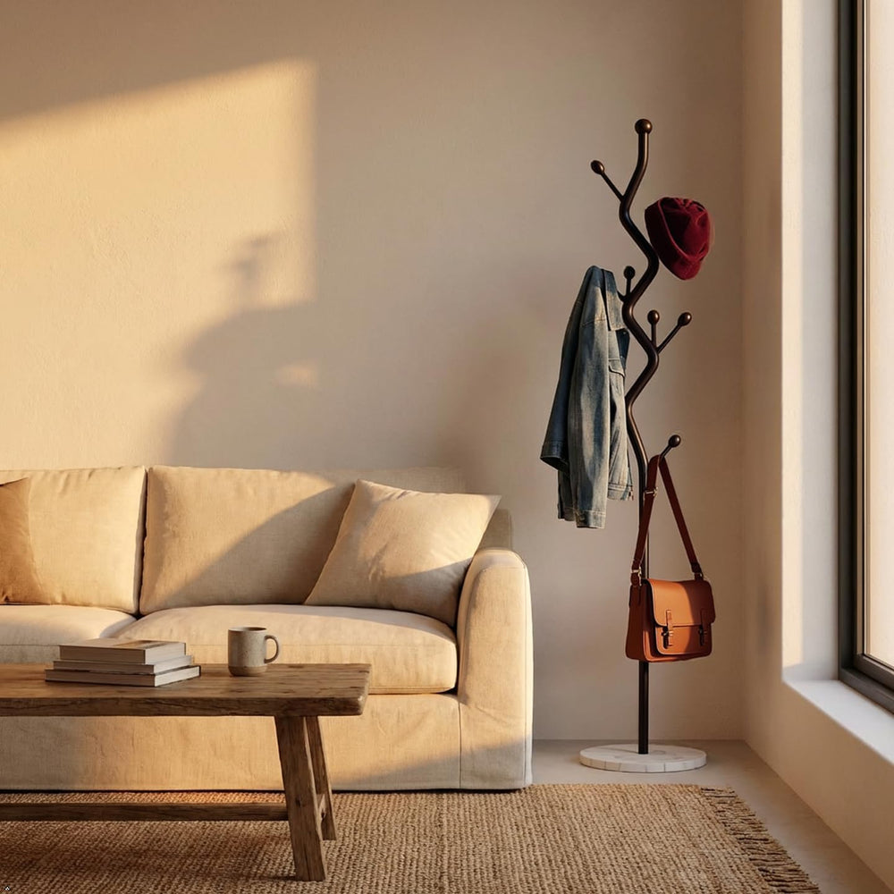 Black Tree Meta Coat Rack with Marble Base Freestanding Hall Tree