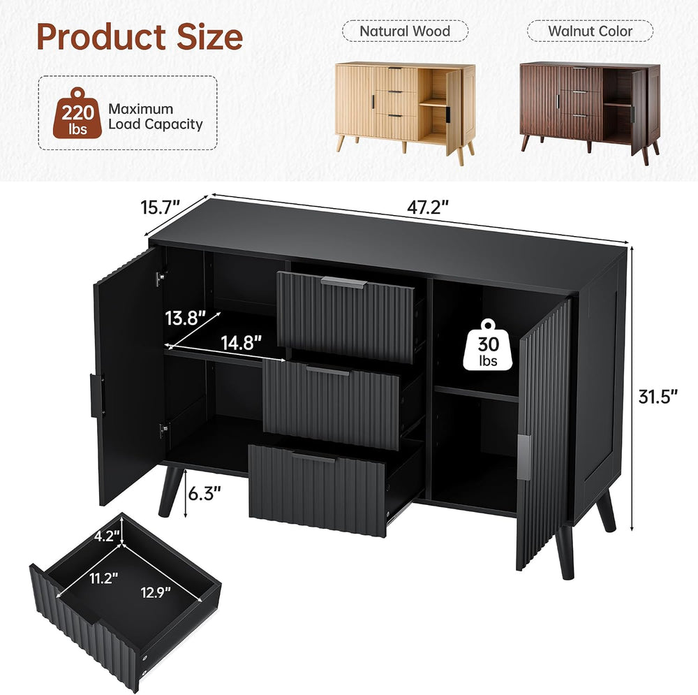 47.2" Fluted Sideboard Buffet Cabinet with 3 Drawers, Black Modern Buffe...