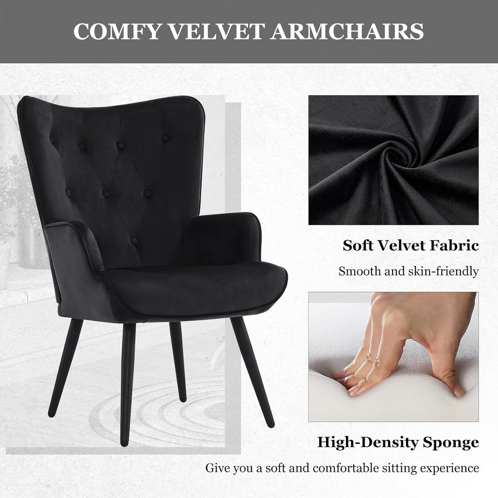 Furnimart Black Velvet Accent Chair Mid Century Modern Living Room Chairs; Co...