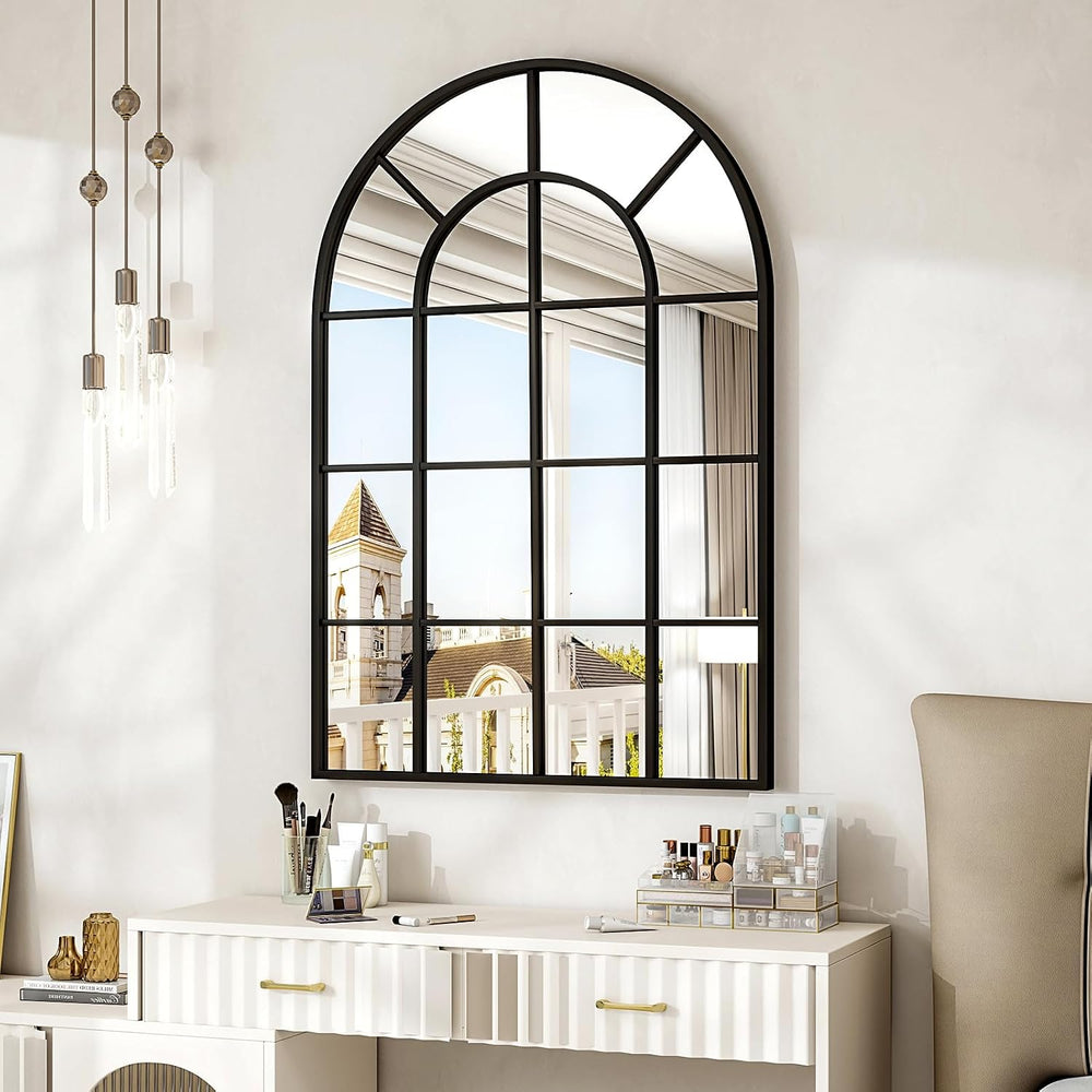 24"×36" Windowpane Arched Wall Mirror with Metal Frame, Black