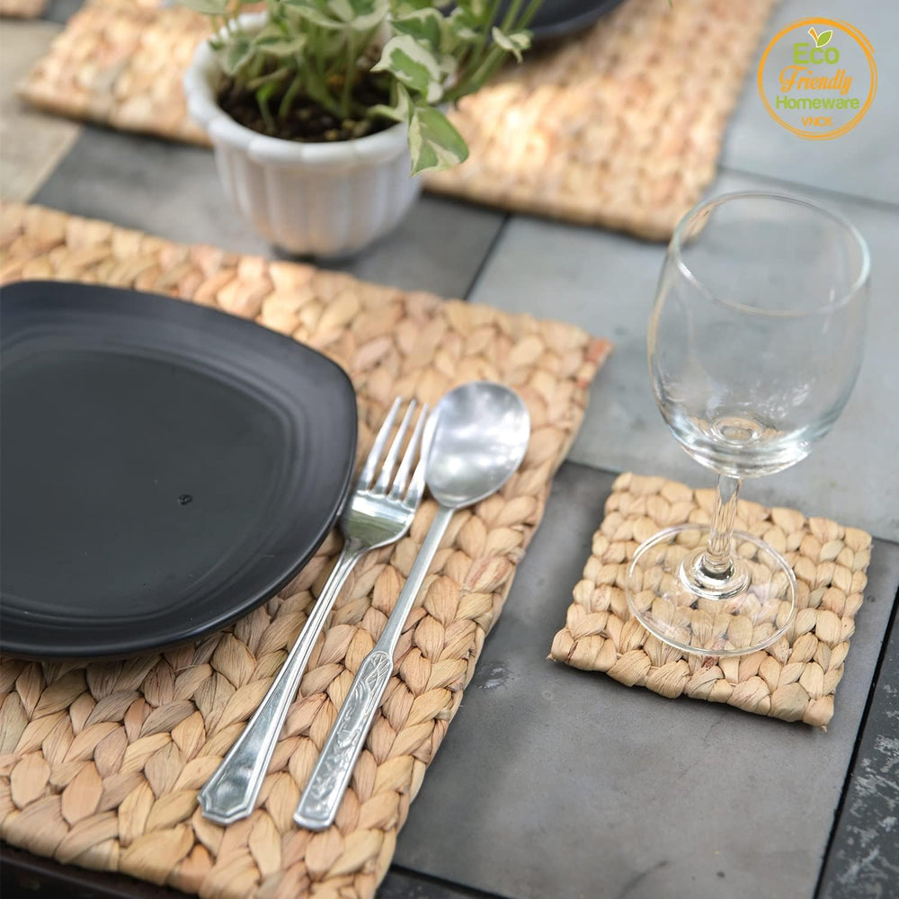 Square Placemats Set of 6, Water Hyacinth Woven Placemats for Dining Table, B...