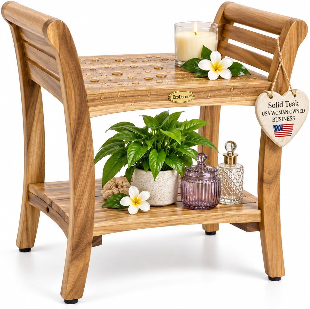 EcoDecors Symmetry 24-Inch Teak Shower Bench with Shelf