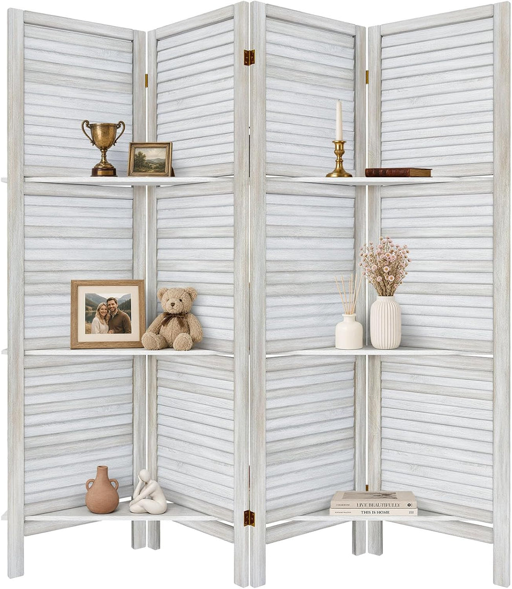 TEAKMAMA Room Divider, Room Divider with Shelves, 4 Panel,Distressed White