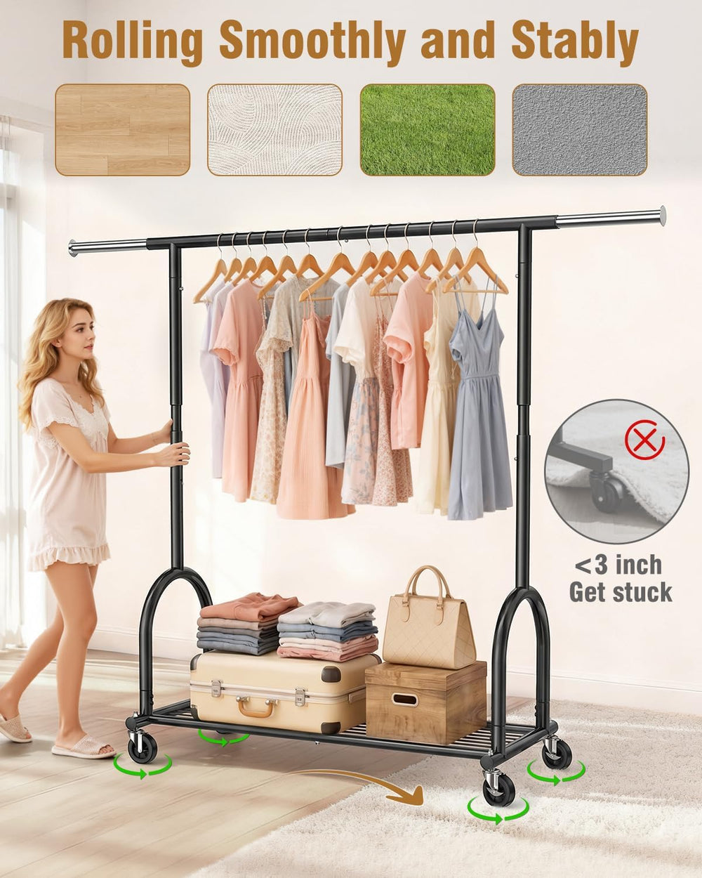 EAGMAK Rolling Clothes Rack Heavy Duty Clothing Racks with Wheels, Black