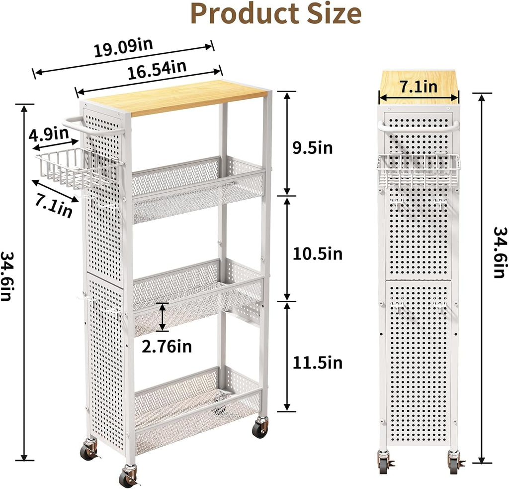 Slim Storage Rolling Cart: 4-Tier Narrow Metal & Wood Utility Cart with Wheels for Kitchen/Laundry/Bathroom(White)