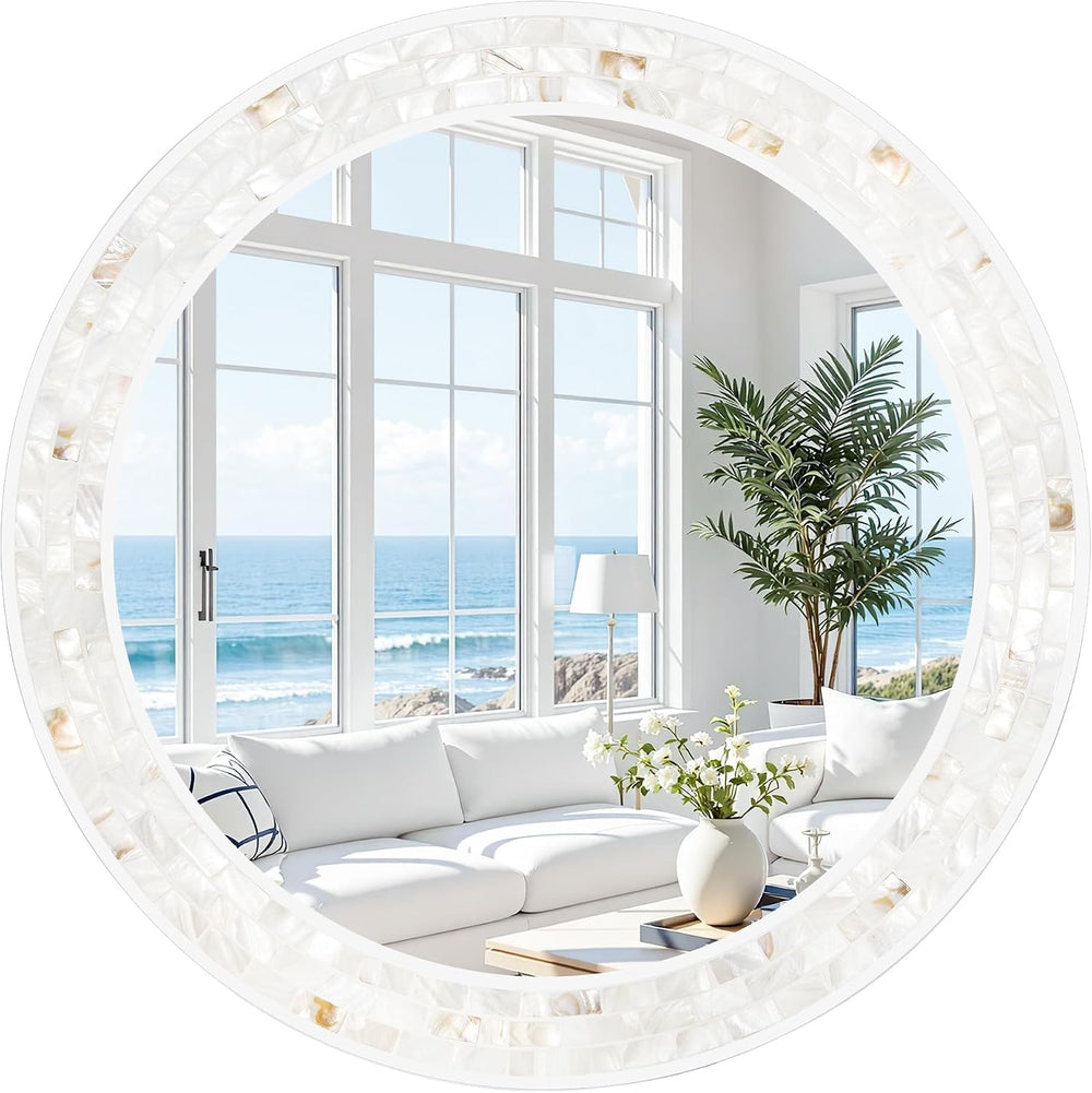26 Inch Round Wall Mirror with Natural Shell Inlay Mosaic Frame