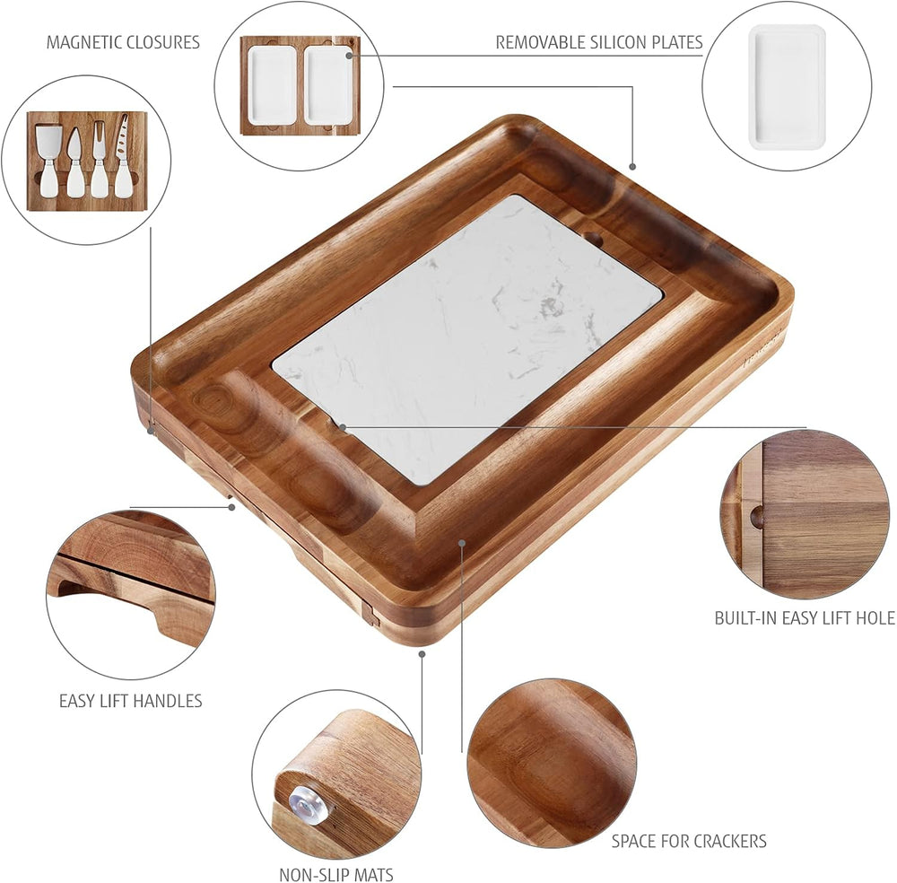 hecef Cheese Board Set Acacia Wood - Large Charcuterie Board with Stainless S...