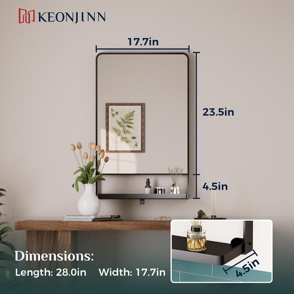 Keonjinn 18 x 28 Inch Black Bathroom Mirror with Shelf, Rust-Resistant