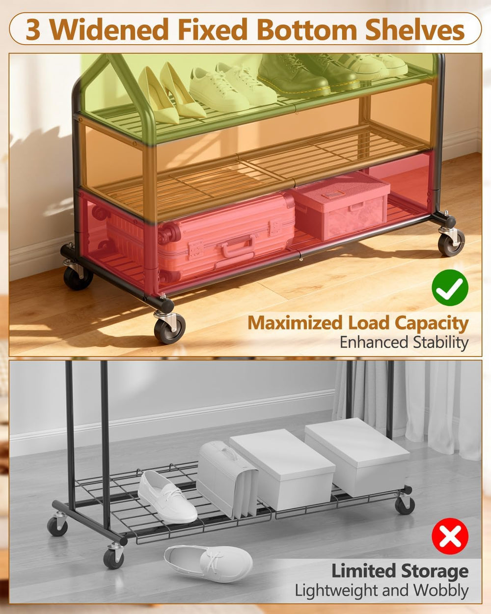 EAGMAK Heavy Duty Clothing Rack, Rolling Clothes Rack with 3 Shelves, Black
