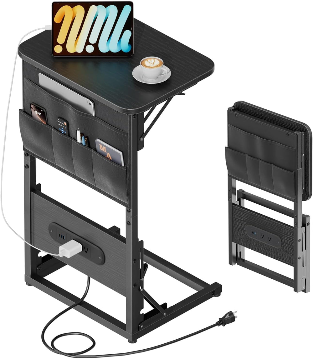 HLDIRECT C Shaped End Table with Charging Station & Storage Bag Black