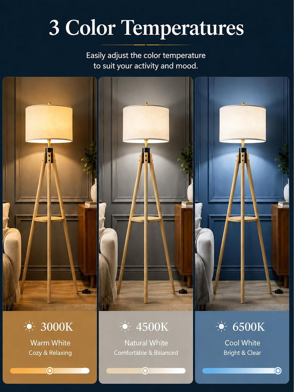 MOFFE Mid Century Solid Wood Tripod Floor Lamp with Tary & Remote Control