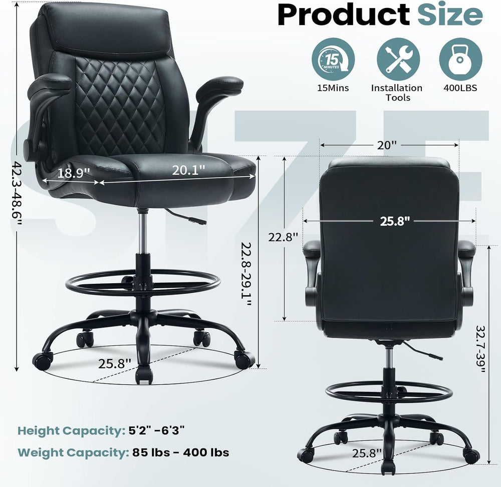 Leather Drafting Chair for Standing Desk, Tall Office Chair with Foot Ring